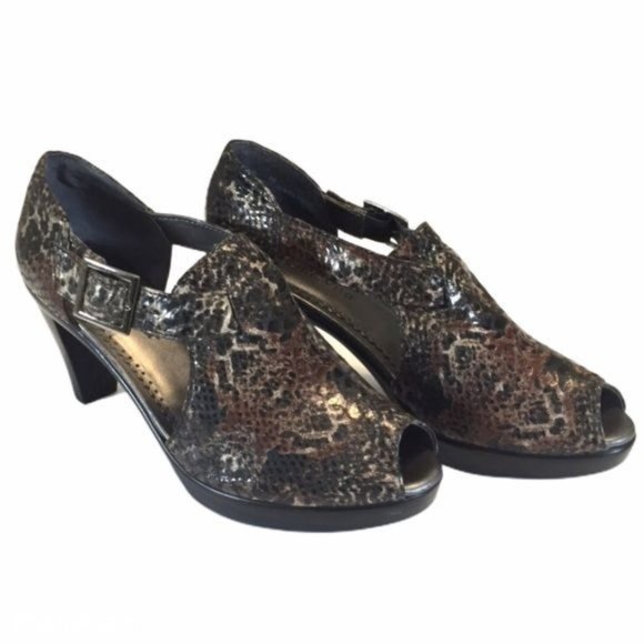Bella Vita Womens Snake Print Open Toe Pumps Black Brown Leather Buckle size 6 - Picture 1 of 11